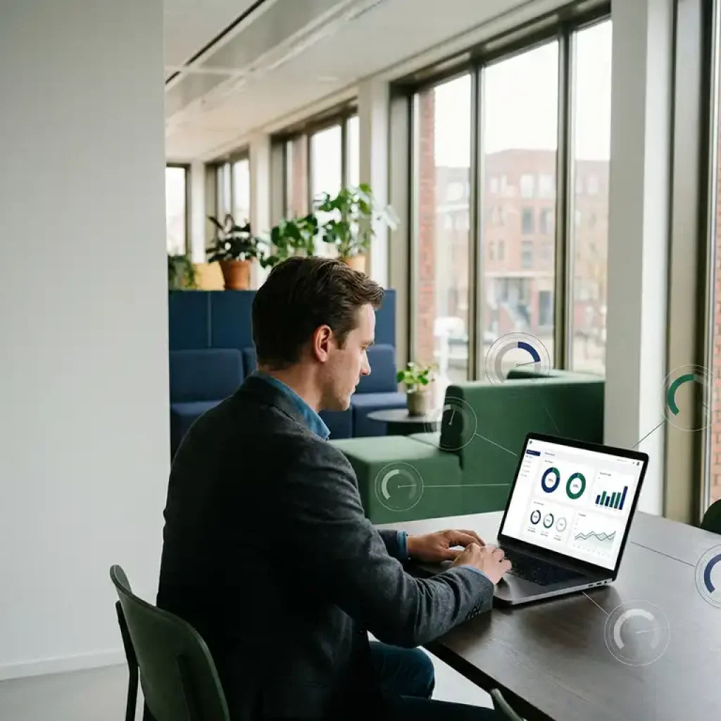 Een zakenman die een benchmarkdashboard bekijkt op een laptop in een modern kantoor in Utrecht met ramen van vloer tot plafond.