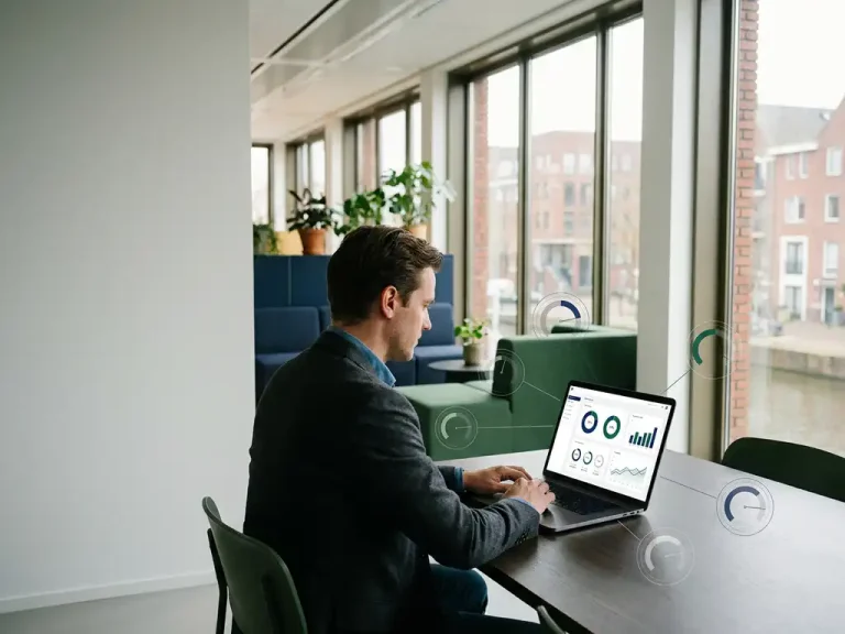 Ein Geschäftsmann, der in einem modernen Büro in Utrecht mit raumhohen Fenstern auf einem Laptop ein Benchmark-Dashboard überprüft.