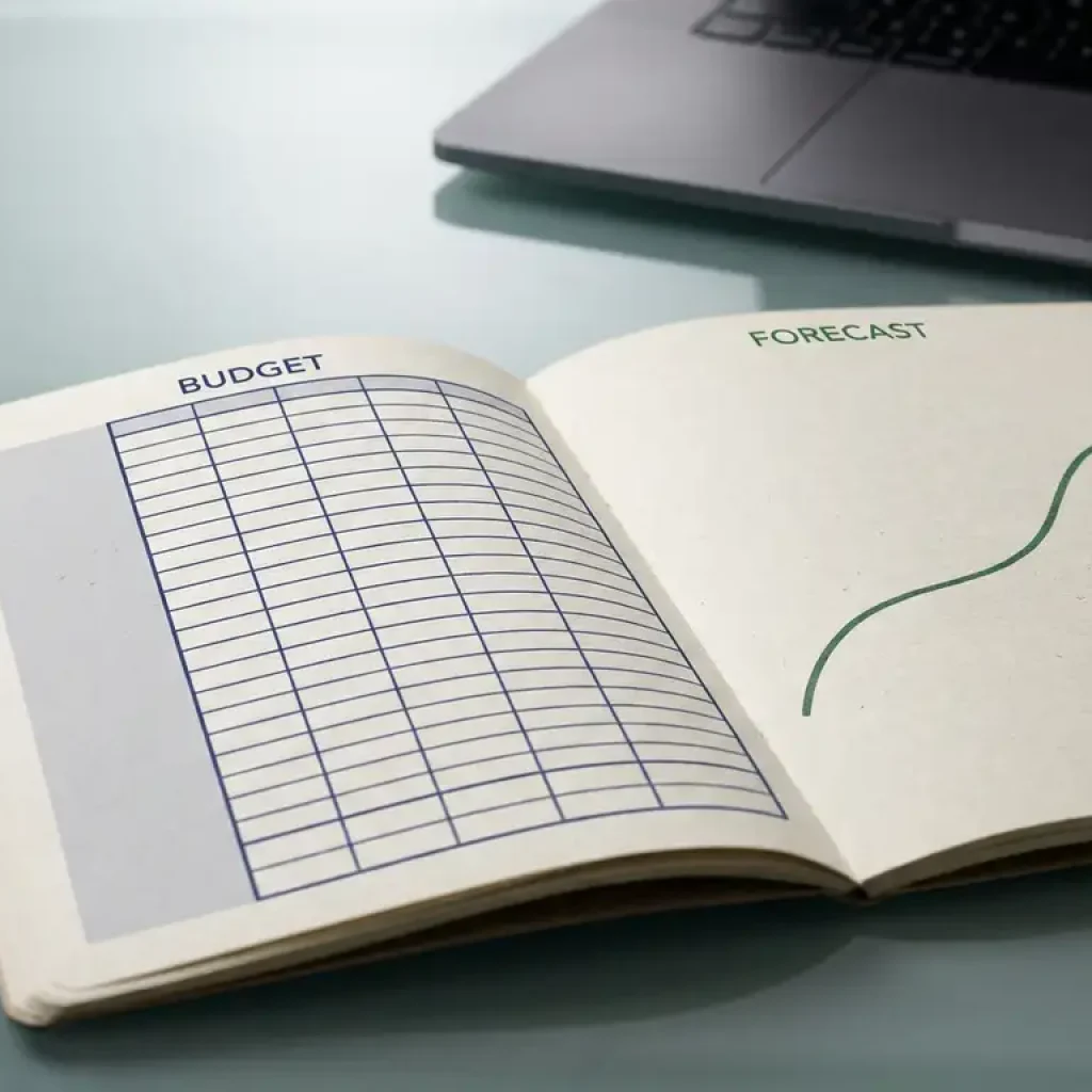 Een open financieel grootboek op een glazen bureau, waarbij een gestructureerd begrotingsrooster contrasteert met een vloeiende prognosecurve; op de achtergrond een laptop, in blauwe en groene tinten.