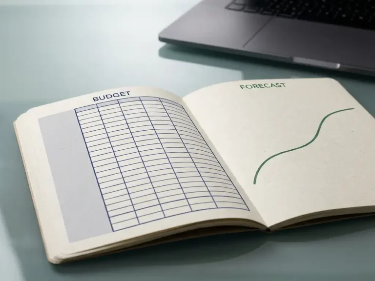Offenes Finanzbuch auf einem gläsernen Schreibtisch, auf dem ein strukturiertes Budgetraster im Kontrast zu einer fließenden Prognosekurve steht; im Hintergrund ein Laptop, in Blau- und Grüntönen.