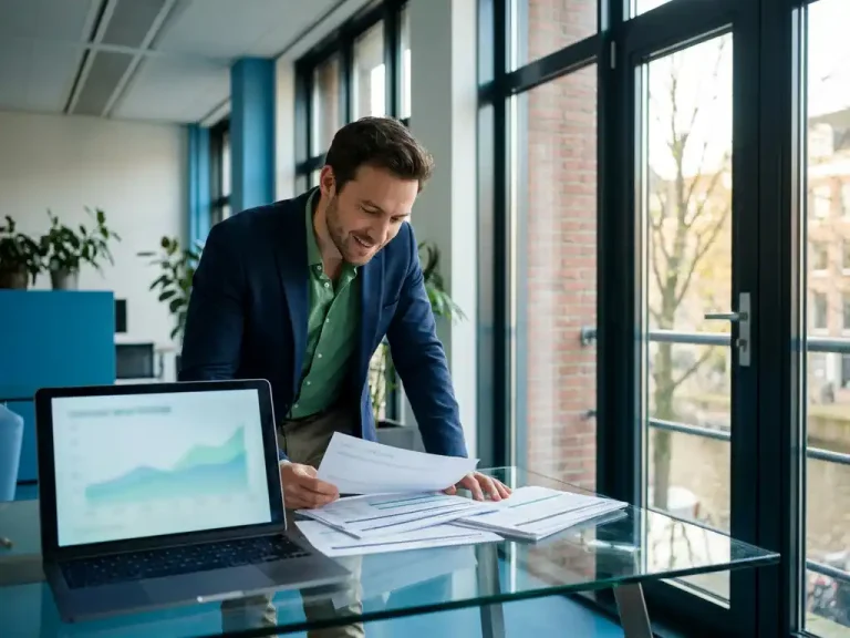 Business analyst reviewing printed cost comparison reports beside a laptop showing an upward-trending chart in a modern Amsterdam office.