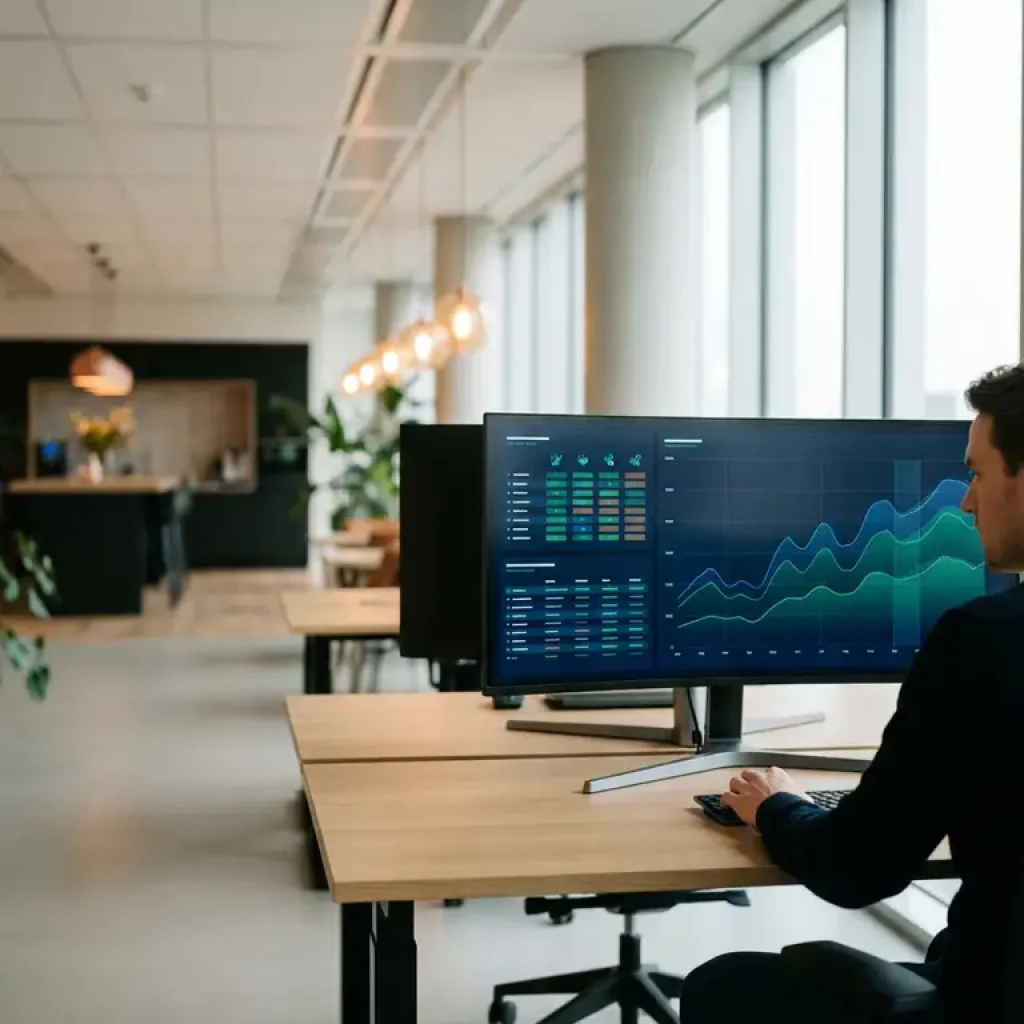 Ein Business-Analyst, der auf einem gebogenen Monitor in einem modernen Großraumbüro mit Tageslicht Kostenübersichtstabellen und Trenddiagramme prüft.