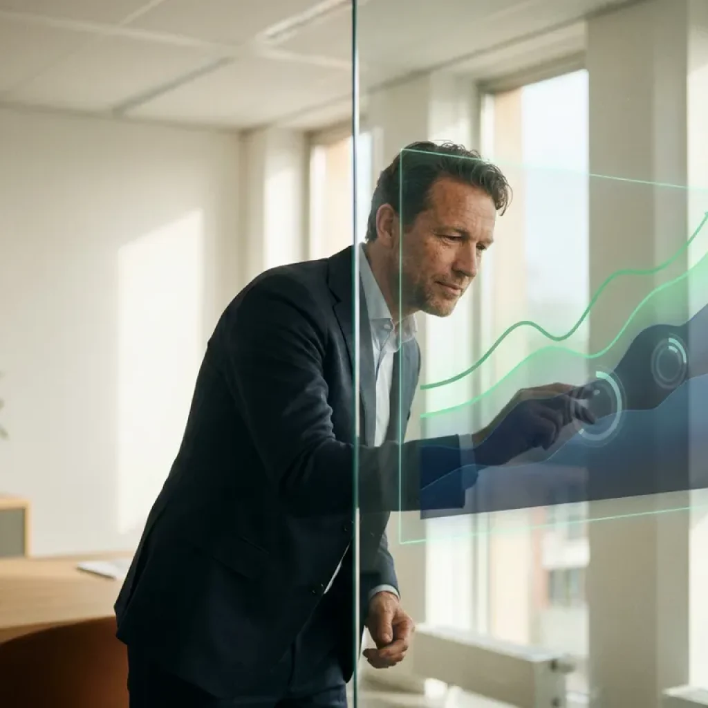 Een zakelijke professional die een transparant kostenoverzicht op een glazen kantoorwand bestudeert, met groene, opwaartse trendlijnen en gelaagde datavisualisaties.