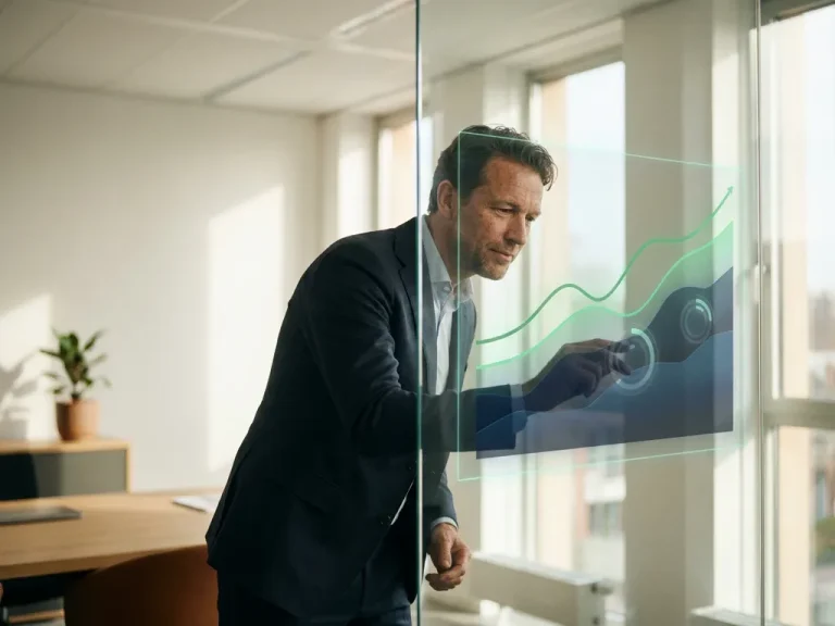 Een zakelijke professional die een transparant kostenoverzicht op een glazen kantoorwand bestudeert, met groene, opwaartse trendlijnen en gelaagde datavisualisaties.