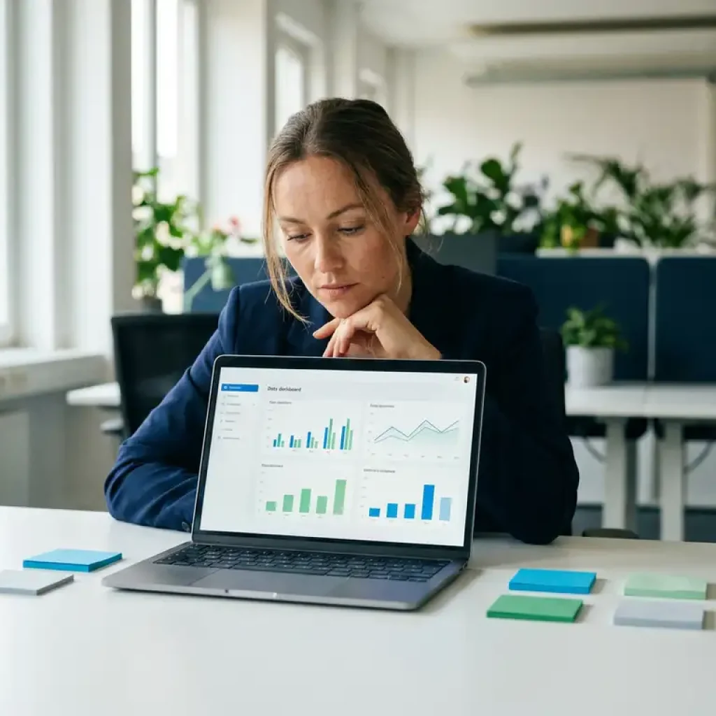 Business professional analyzing a dashboard on a laptop surrounded by color-coded sticky notes on a white desk in a modern office.