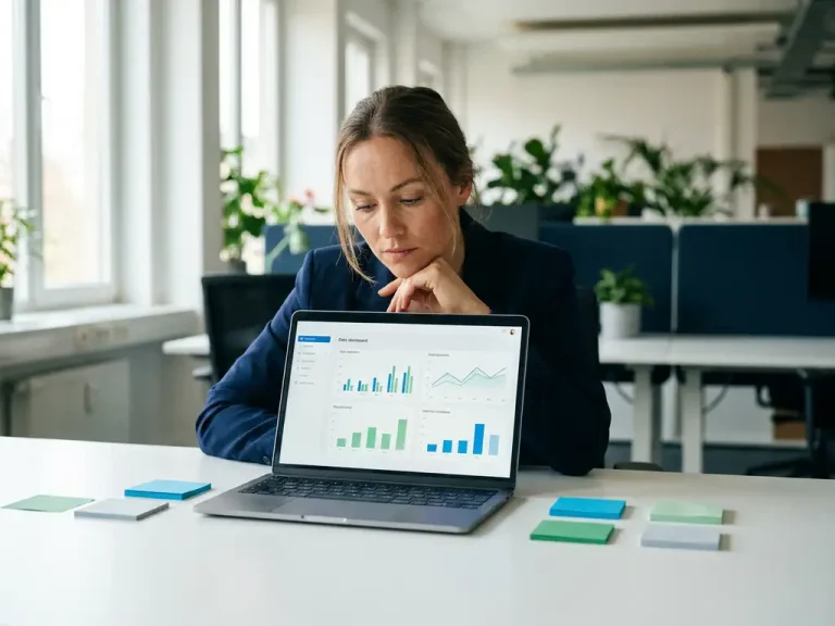 Ein Geschäftsmann, der auf einem Laptop ein Dashboard analysiert, umgeben von farbcodierten Haftnotizen auf einem weißen Schreibtisch in einem modernen Büro.