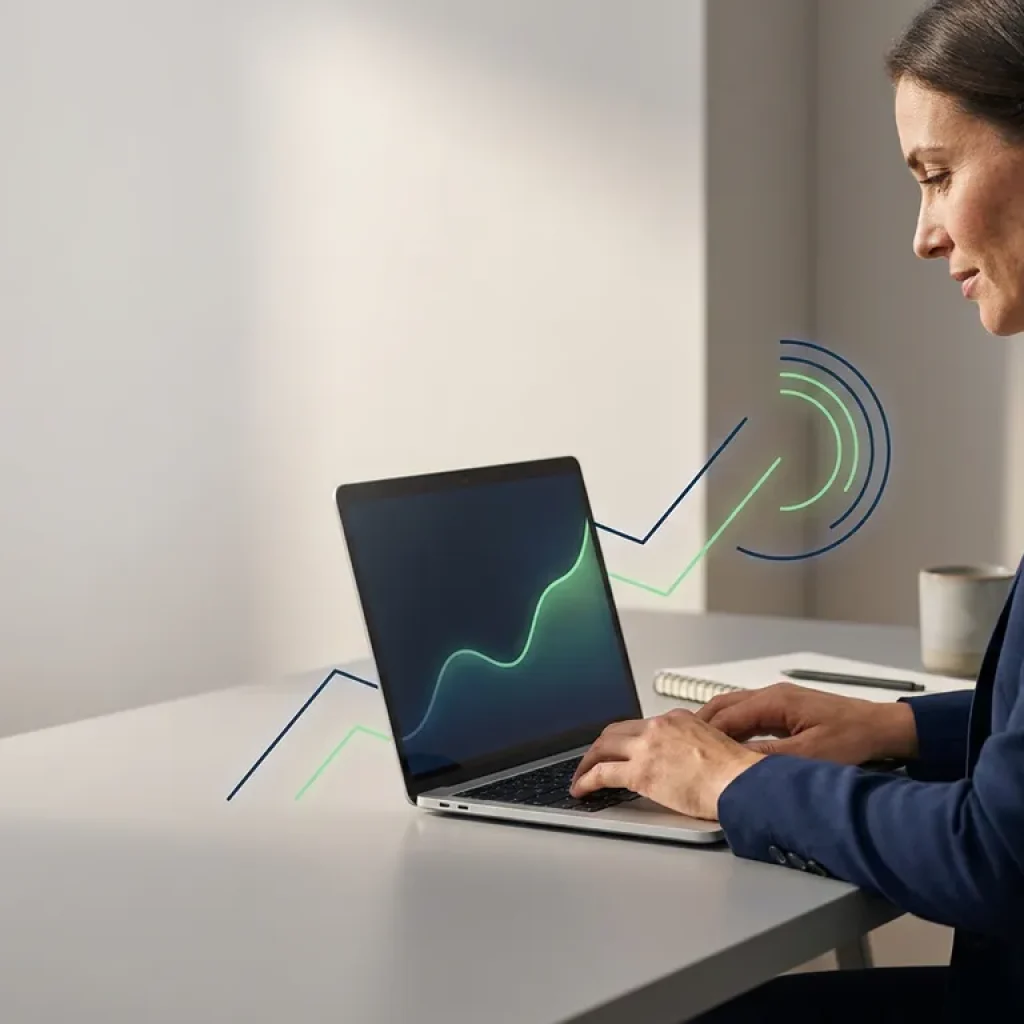 Business professional analyzing a cost-efficiency growth curve on a laptop at a minimalist modern desk with clean studio lighting.