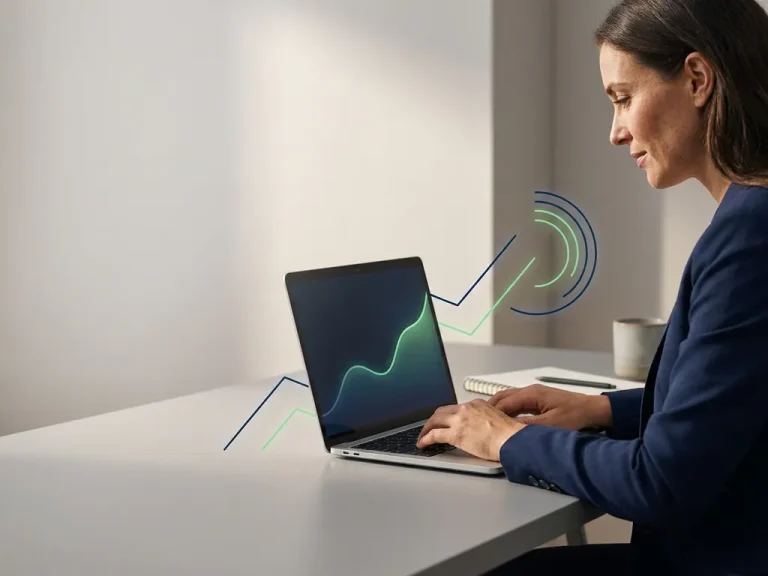 Business professional analyzing a cost-efficiency growth curve on a laptop at a minimalist modern desk with clean studio lighting.