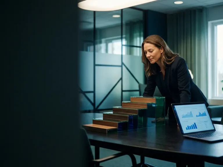 Business professional examining ascending stepped maturity model platforms on a conference table beside a laptop displaying data curves.