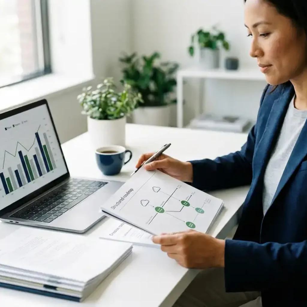Ein Geschäftsmann, der auf einem modernen weißen Schreibtisch neben einem Laptop mit Finanzdiagrammen eine strategische Roadmap durchgeht.
