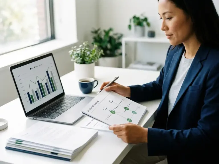 Ein Geschäftsmann, der auf einem modernen weißen Schreibtisch neben einem Laptop mit Finanzdiagrammen eine strategische Roadmap durchgeht.