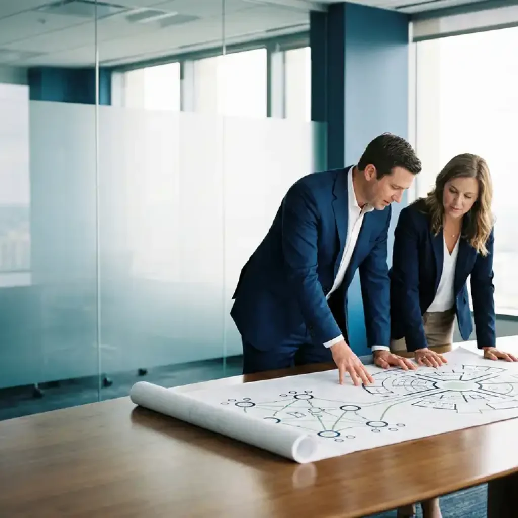 Two professionals comparing centralized hub and distributed node architectural floor plans on a conference table in a glass-walled boardroom.
