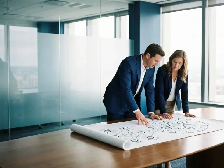 Two professionals comparing centralized hub and distributed node architectural floor plans on a conference table in a glass-walled boardroom.