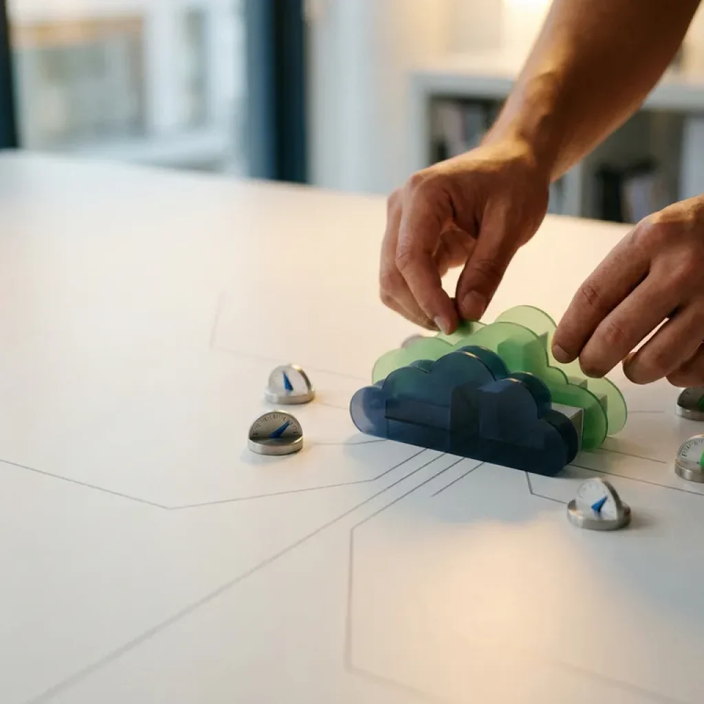 Handen die een wolkvormig architectonisch schaalmodel op een wit bureau met kostenindicatoren bijstellen, in donkerblauwe en groene tinten.