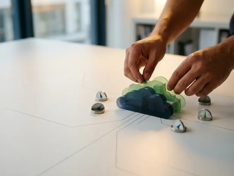 Handen die een wolkvormig architectonisch schaalmodel op een wit bureau met kostenindicatoren bijstellen, in donkerblauwe en groene tinten.