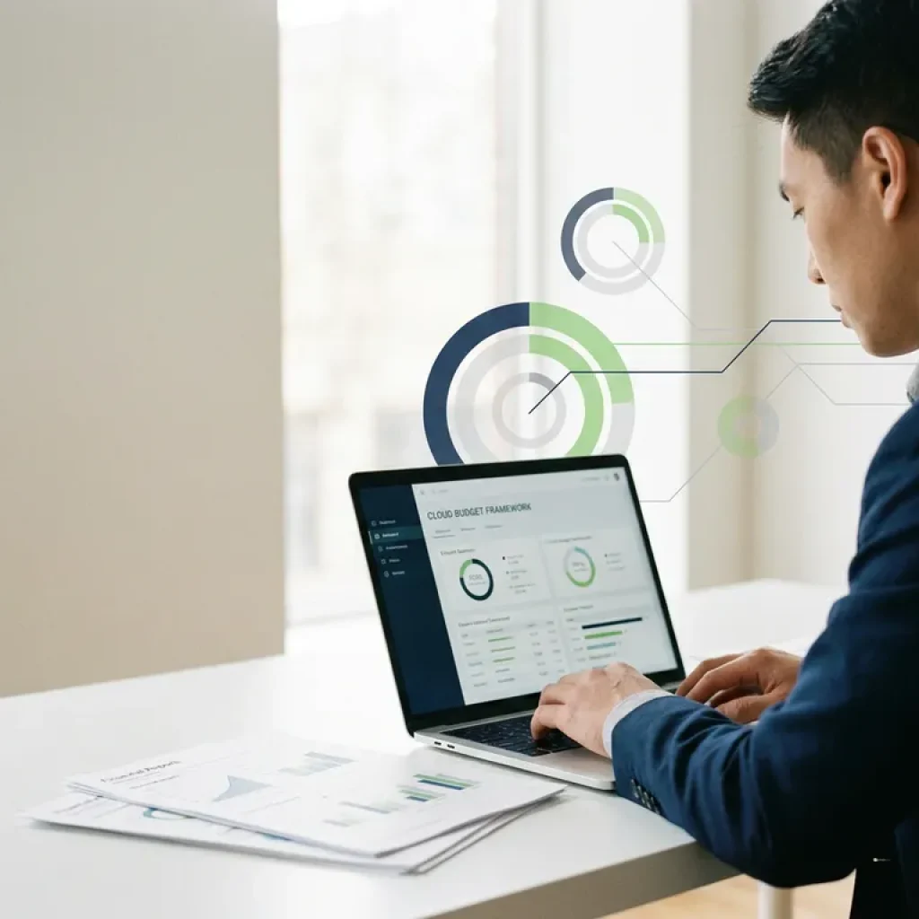 Business professional reviewing a cloud budget framework on a laptop beside printed financial reports on a white desk.