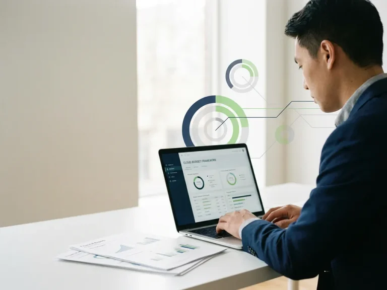 Business professional reviewing a cloud budget framework on a laptop beside printed financial reports on a white desk.