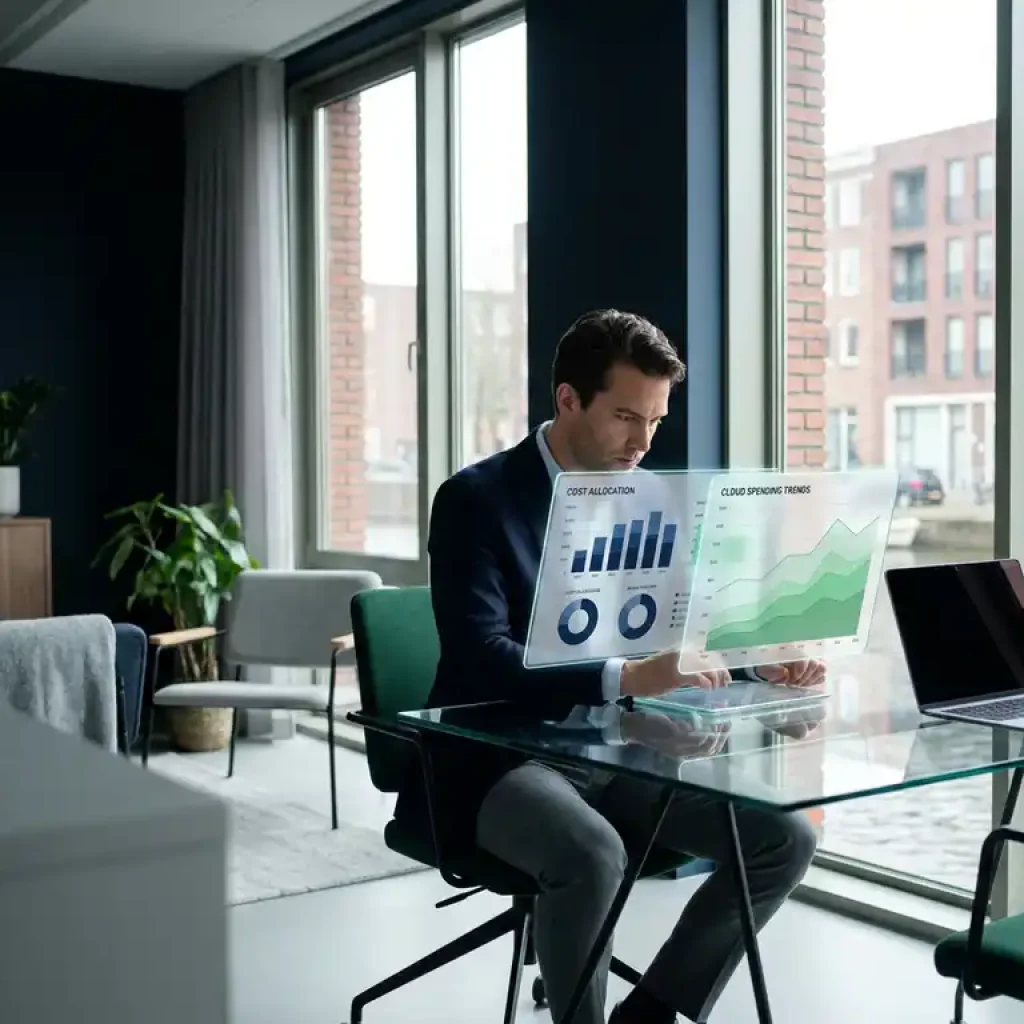Een zakelijke professional die dashboards voor kostenverdeling en clouduitgaven vergelijkt op een glazen bureau in een modern kantoor in Amsterdam met ramen van vloer tot plafond.