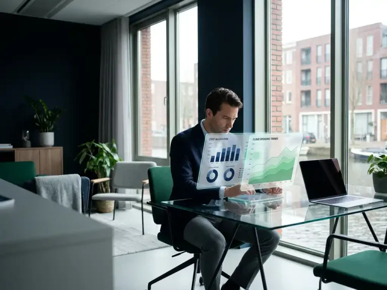 Ein Geschäftsmann vergleicht Dashboards zur Kostenverteilung und zu Cloud-Ausgaben auf einem Glastisch in einem modernen Amsterdamer Büro mit raumhohen Fenstern.