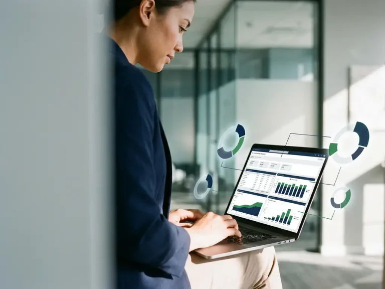 Business professional analyzing a cloud cost allocation dashboard on a laptop in a modern glass-walled office with departmental segment diagrams.