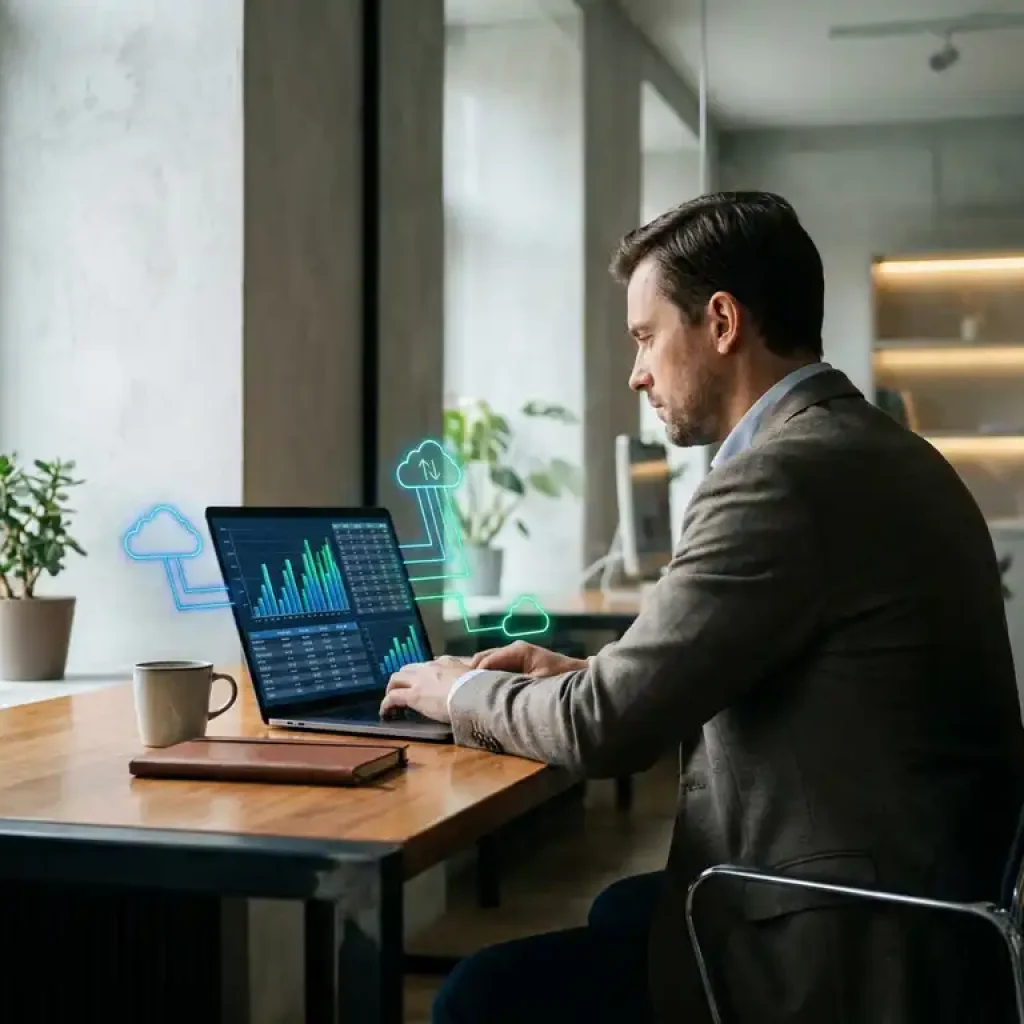 Een financieel medewerker die op een laptop aan een modern kantoorwerkplek gegevens over de toewijzing van cloudkosten bekijkt, met financiële grafieken en pictogrammen van cloudinfrastructuur.