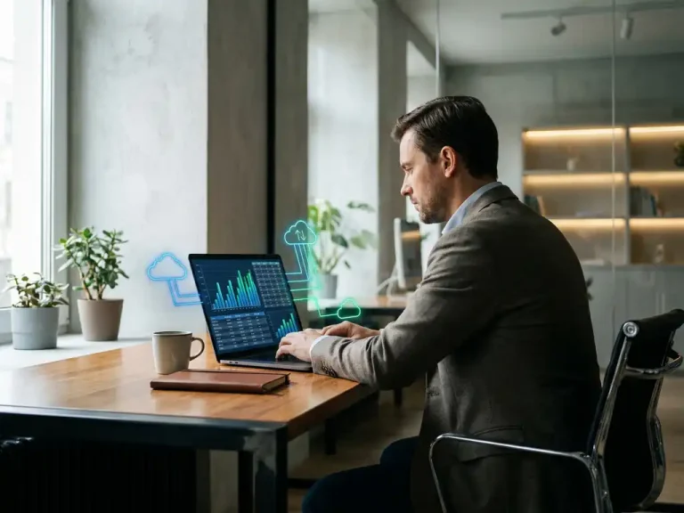 Een financieel medewerker die op een laptop aan een modern kantoorwerkplek gegevens over de toewijzing van cloudkosten bekijkt, met financiële grafieken en pictogrammen van cloudinfrastructuur.