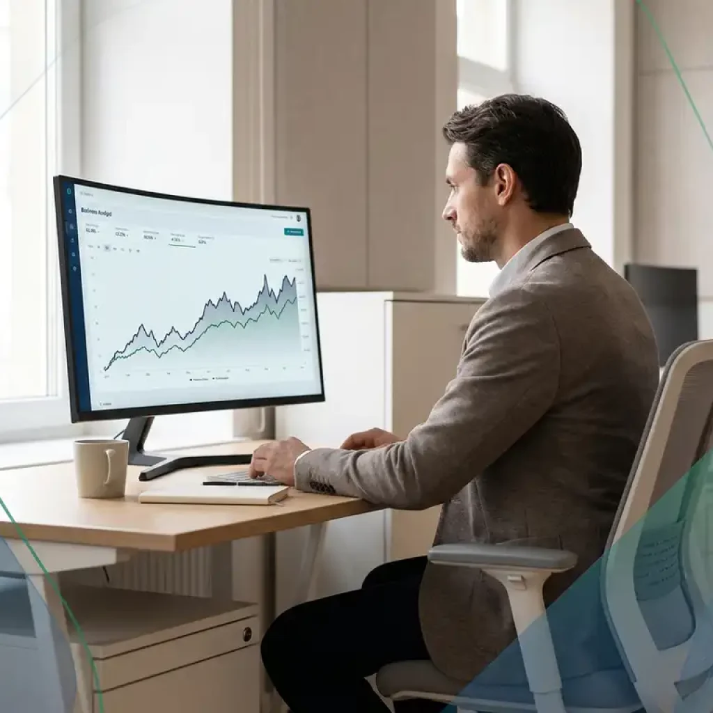 Ein Business-Analyst, der auf einem gebogenen Monitor an einem minimalistisch gestalteten Bürotisch mit Tageslicht Diagramme zu Cloud-Kostenentwicklungen auswertet.