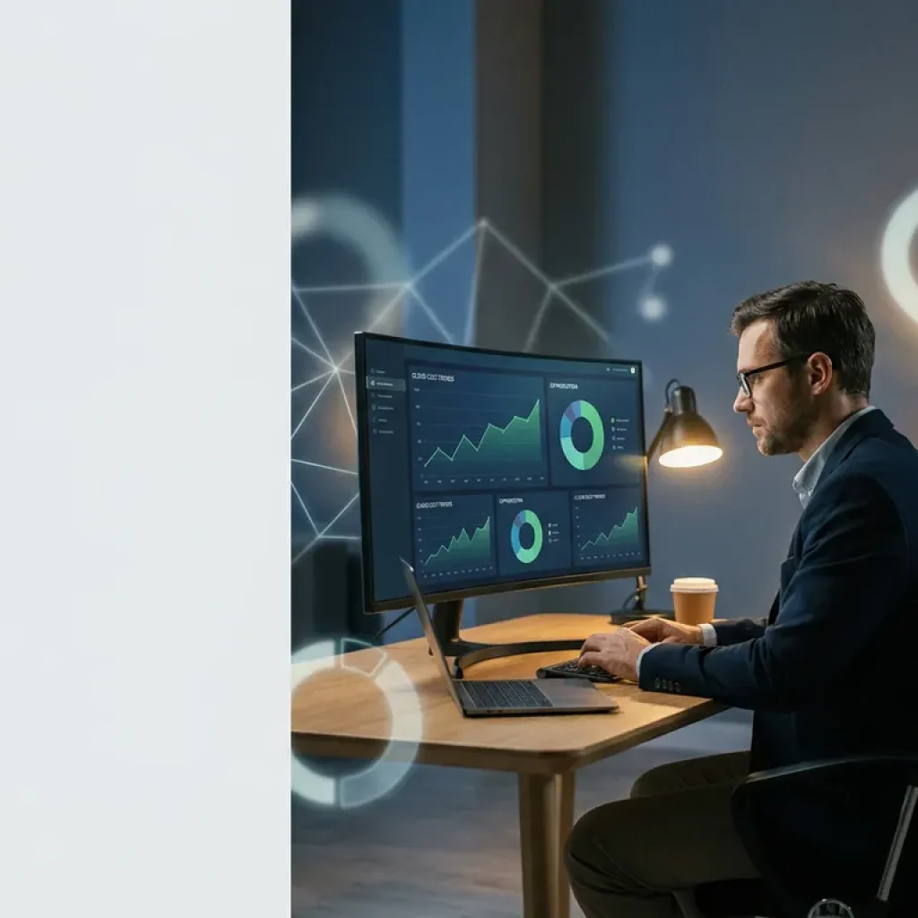 Een financieel analist die grafieken over de ontwikkeling van cloudkosten bekijkt op een groot beeldscherm aan een minimalistisch bureau, verlicht door warme kantoorverlichting.