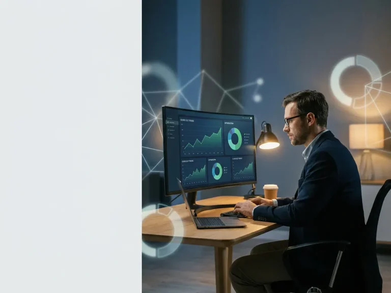 Een financieel analist die grafieken over de ontwikkeling van cloudkosten bekijkt op een groot beeldscherm aan een minimalistisch bureau, verlicht door warme kantoorverlichting.