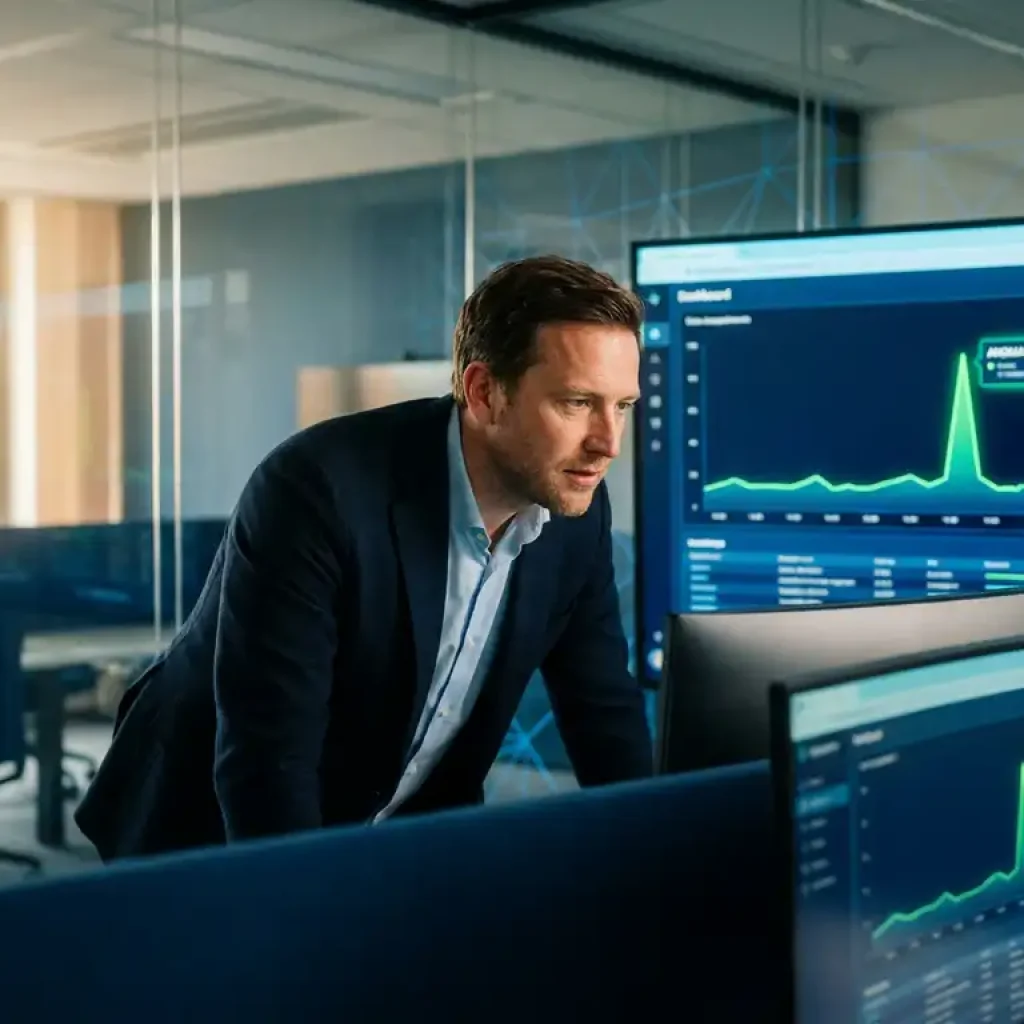 European business analyst examining a cloud cost monitoring dashboard displaying a sharp anomaly spike on a large office monitor.