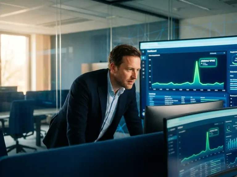 Ein europäischer Business-Analyst betrachtet auf einem großen Büromonitor ein Dashboard zur Überwachung der Cloud-Kosten, auf dem ein starker Anstieg der Anomalien zu sehen ist.