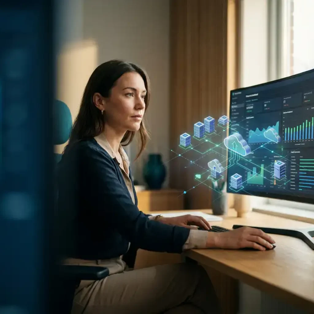 Financial analyst reviewing a cloud cost dashboard on a large monitor in a modern dark-toned office.