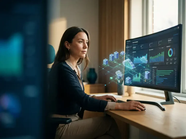 Financial analyst reviewing a cloud cost dashboard on a large monitor in a modern dark-toned office.