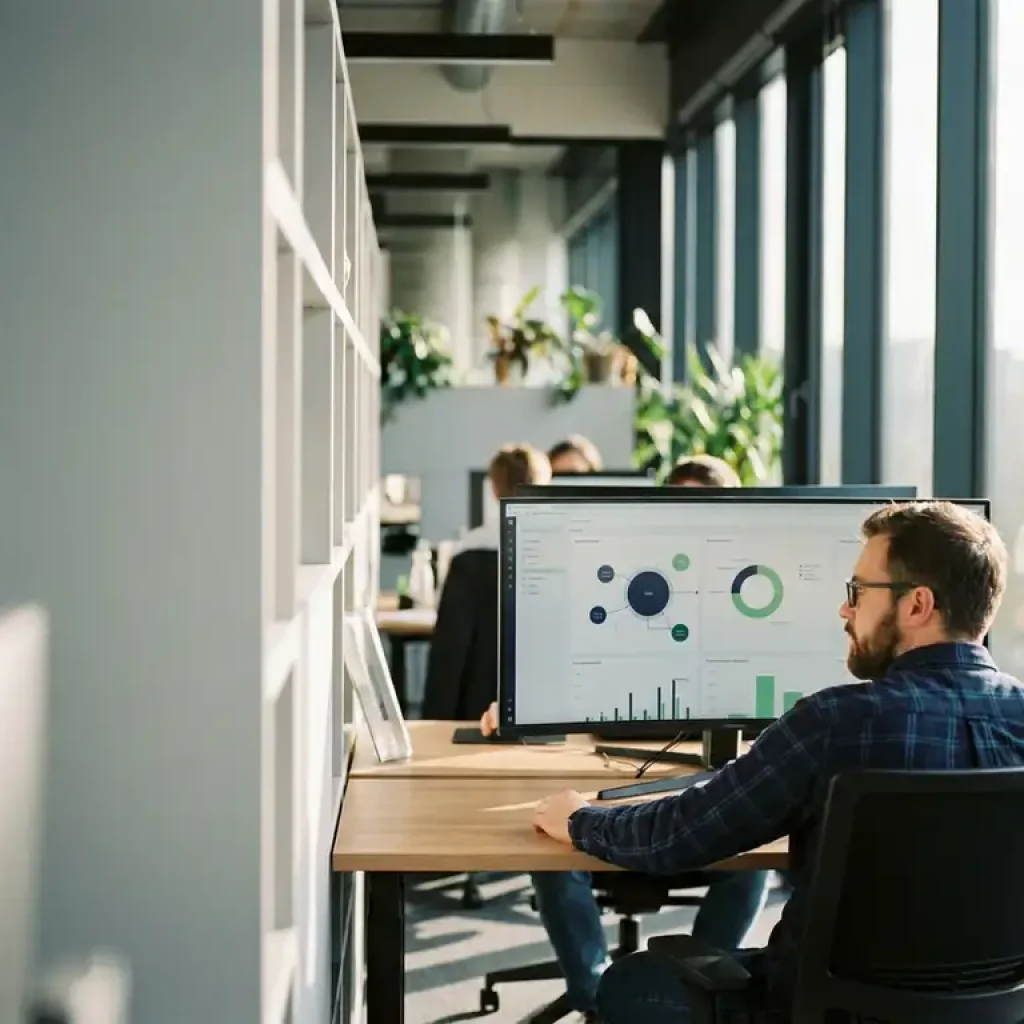 Ein Ingenieur, der auf einem großen Monitor in einem modernen Großraumbüro mit raumhohen Fenstern ein Dashboard zur Optimierung der Cloud-Kosten überprüft.