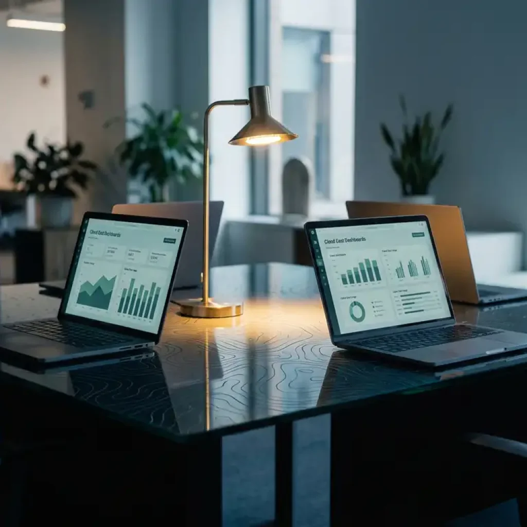 Drei Laptops, auf denen Dashboards zu den Cloud-Kosten angezeigt werden, stehen auf einem gläsernen Konferenztisch mit einer dunkelblauen Weltkartenoberfläche, der von einer warm leuchtenden Schreibtischlampe beleuchtet wird.