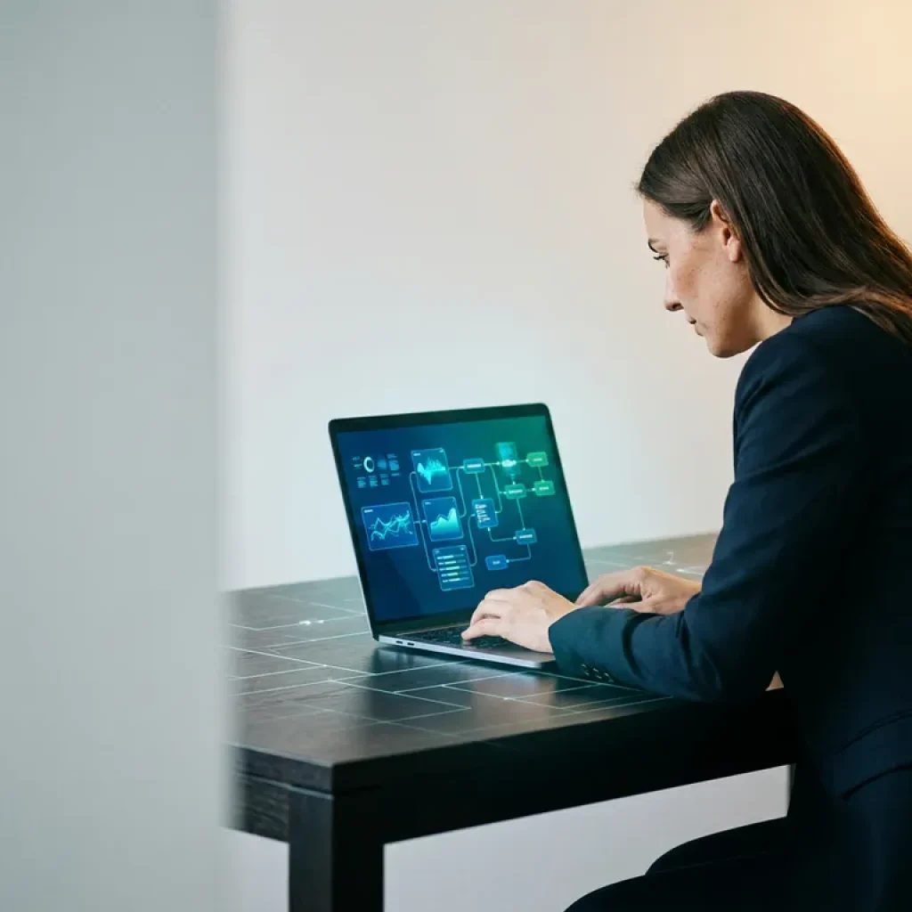 Ein Geschäftsmann, der an einem modernen Schreibtisch auf dem leuchtenden Display seines Laptops Cloud-Kostenflussdiagramme analysiert.