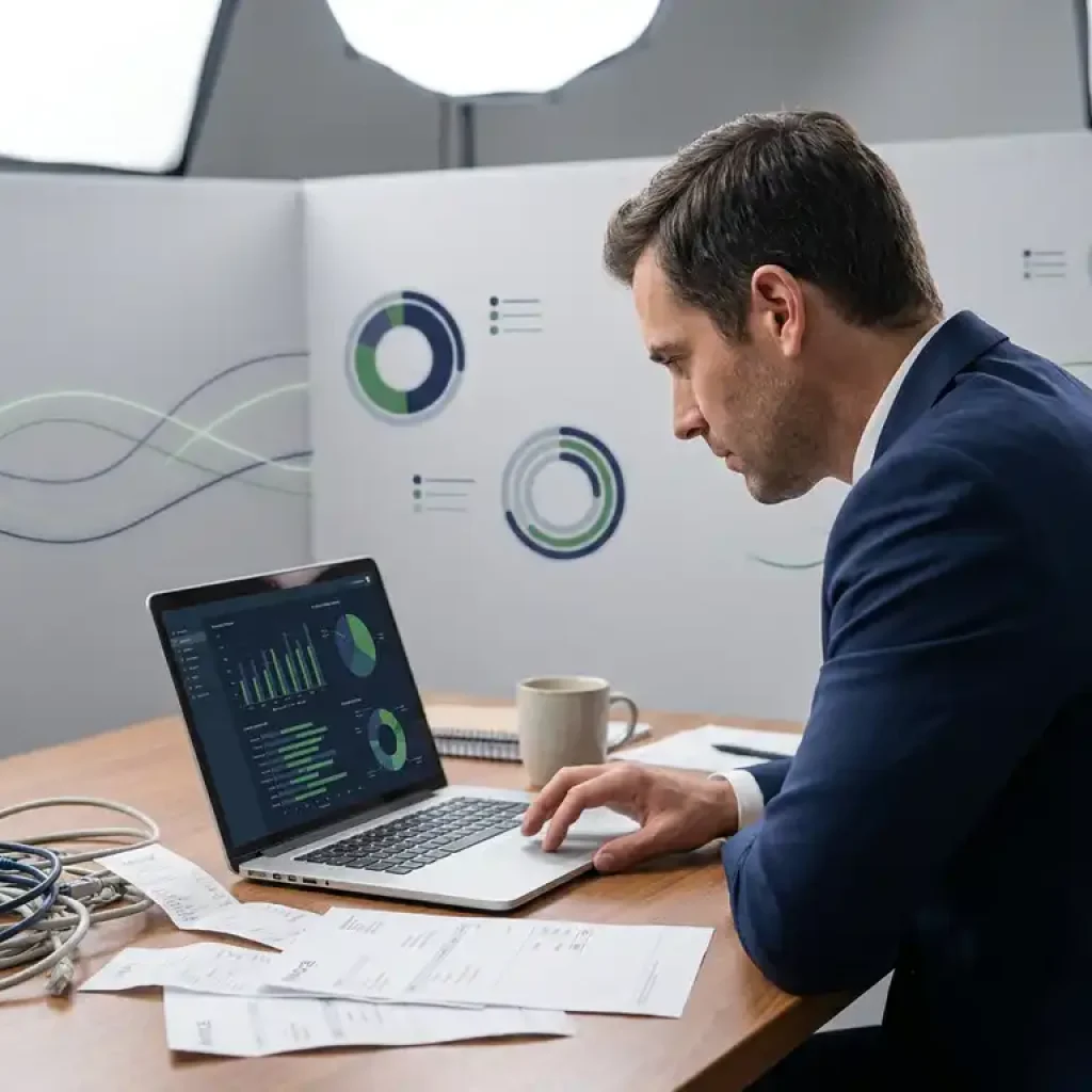 Business professional reviewing a cloud cost dashboard on a laptop, with invoices and server cables spread across a corporate desk.