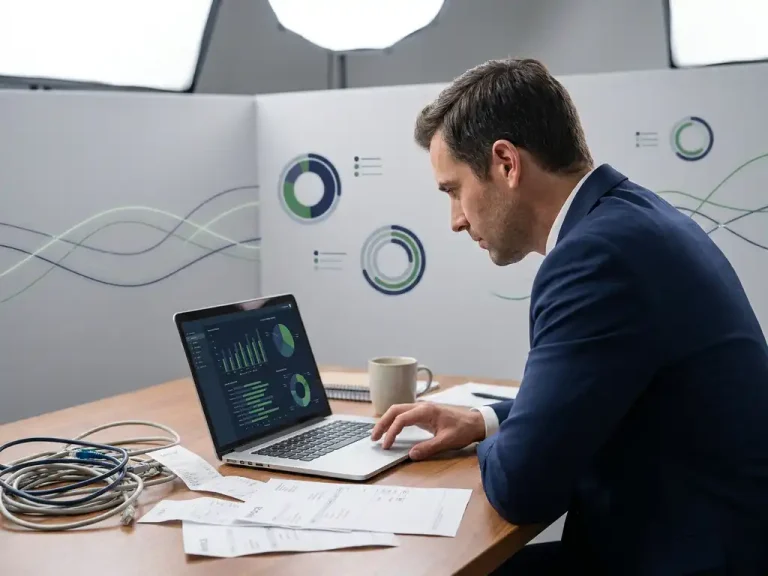 Business professional reviewing a cloud cost dashboard on a laptop, with invoices and server cables spread across a corporate desk.