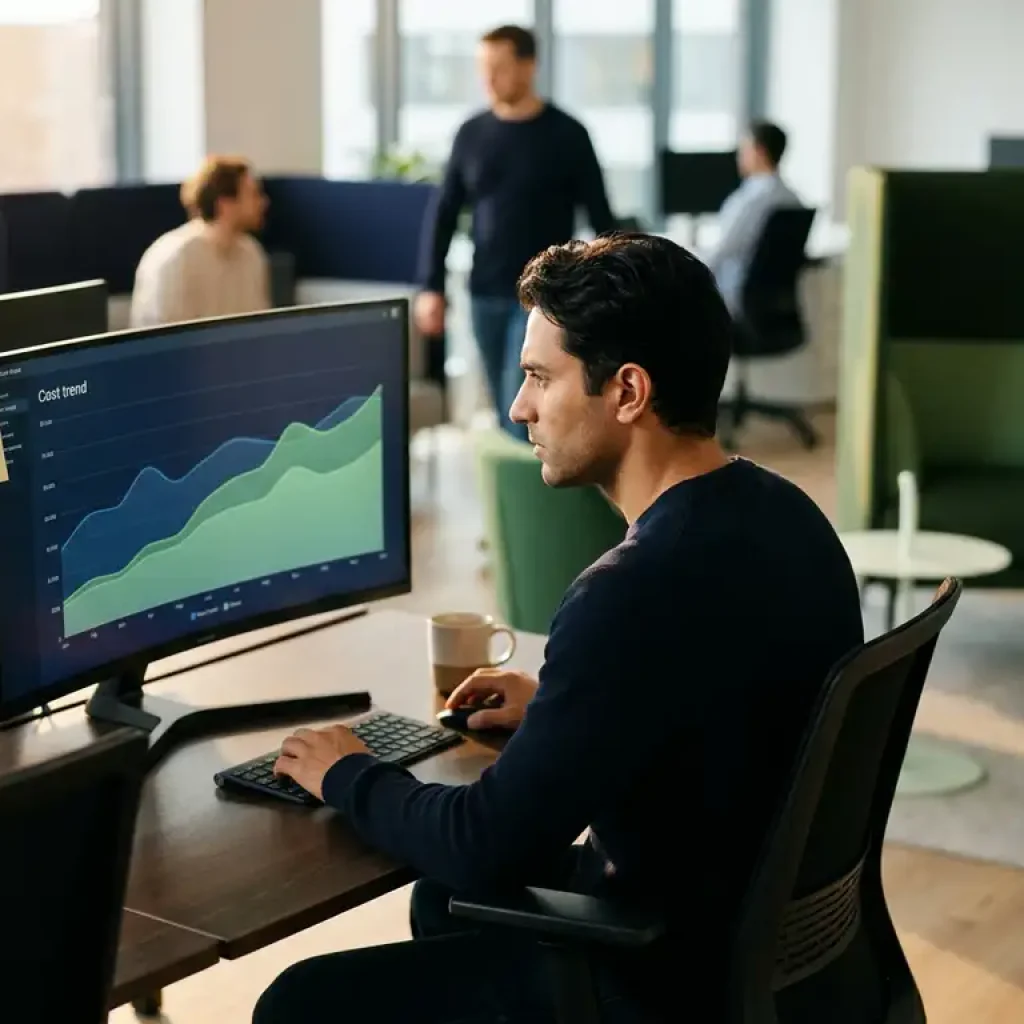 Een ingenieur die grafieken over de ontwikkeling van de cloudkosten bekijkt op een groot beeldscherm aan een werkplek in een modern, open tech-kantoor.