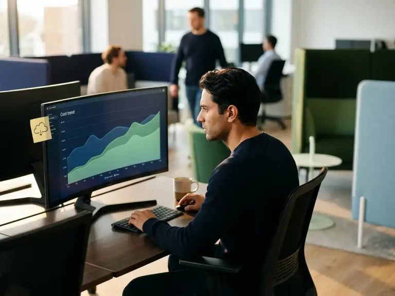 Engineer reviewing cloud cost trend graphs on a large monitor at a modern open-plan tech office workstation.