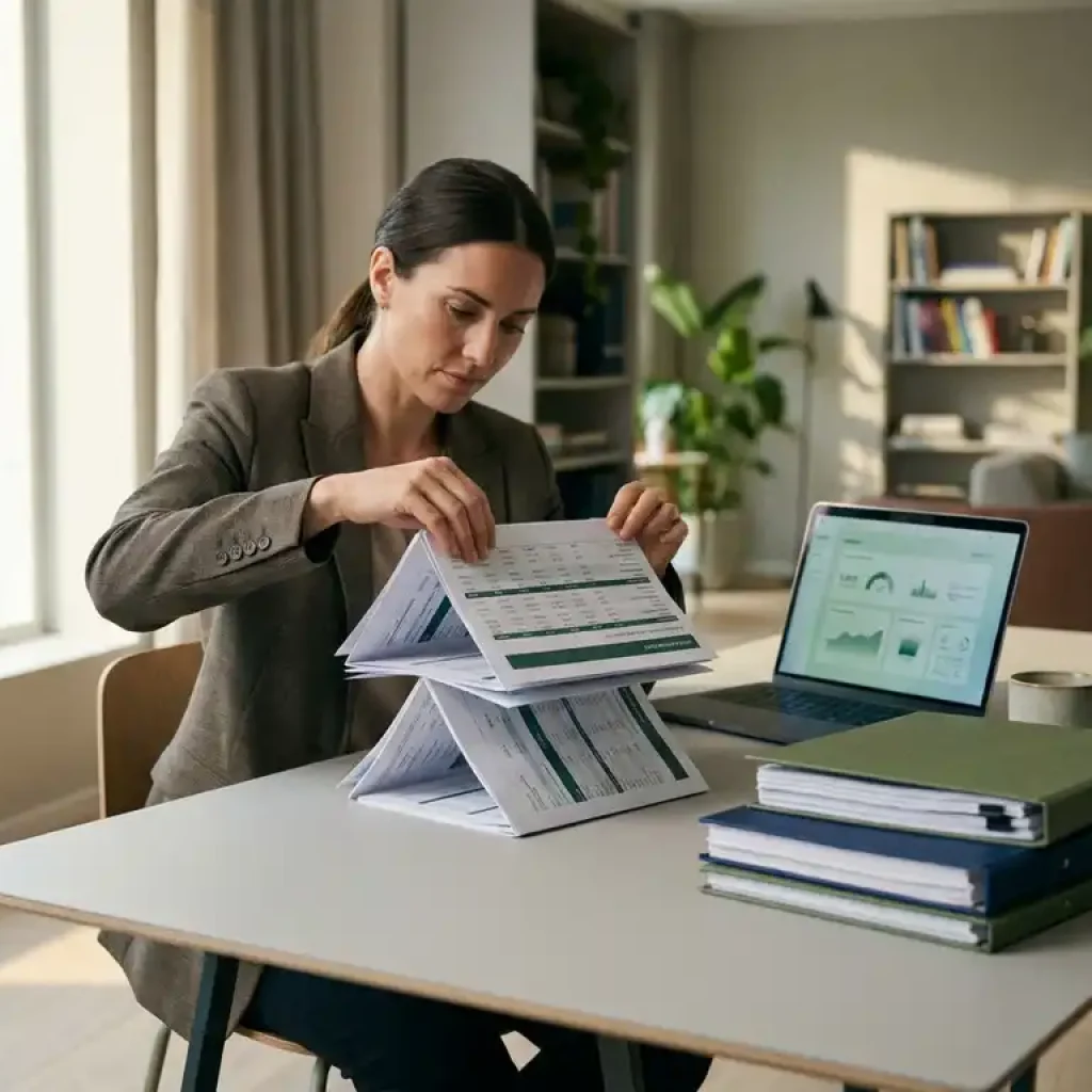 Ein Geschäftsmann, der an einem modernen Schreibtisch ein strukturiertes Rahmenwerk erstellt, während auf einem Laptop in seiner Nähe Cloud-Kostenberichte und ein in Grüntönen gehaltenes Dashboard zu sehen sind.