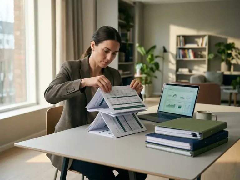 Ein Geschäftsmann, der an einem modernen Schreibtisch ein strukturiertes Rahmenwerk erstellt, während auf einem Laptop in seiner Nähe Cloud-Kostenberichte und ein in Grüntönen gehaltenes Dashboard zu sehen sind.