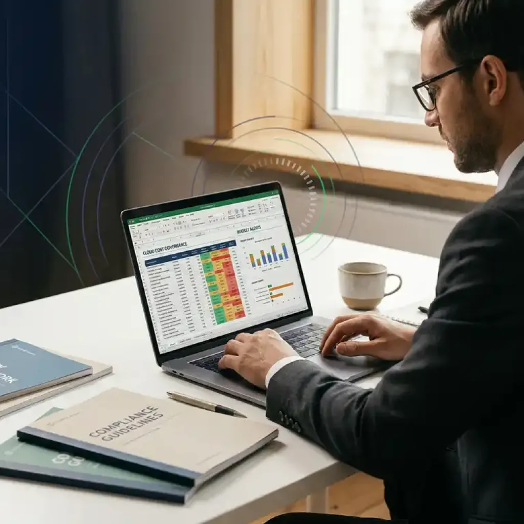 Een zakelijke professional die op een laptop documenten over kostenbeheer in de cloud doorneemt, naast afgedrukte beleidsrichtlijnen en een kopje koffie op een wit bureau.