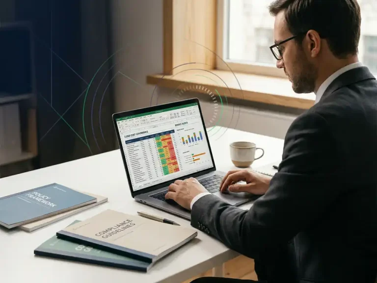 Een zakelijke professional die op een laptop documenten over kostenbeheer in de cloud doorneemt, naast afgedrukte beleidsrichtlijnen en een kopje koffie op een wit bureau.