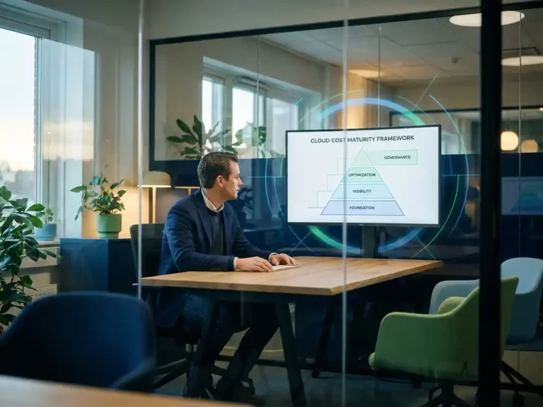 Business professional reviewing a cloud cost maturity framework tiered diagram on a monitor in a modern glass-walled office.