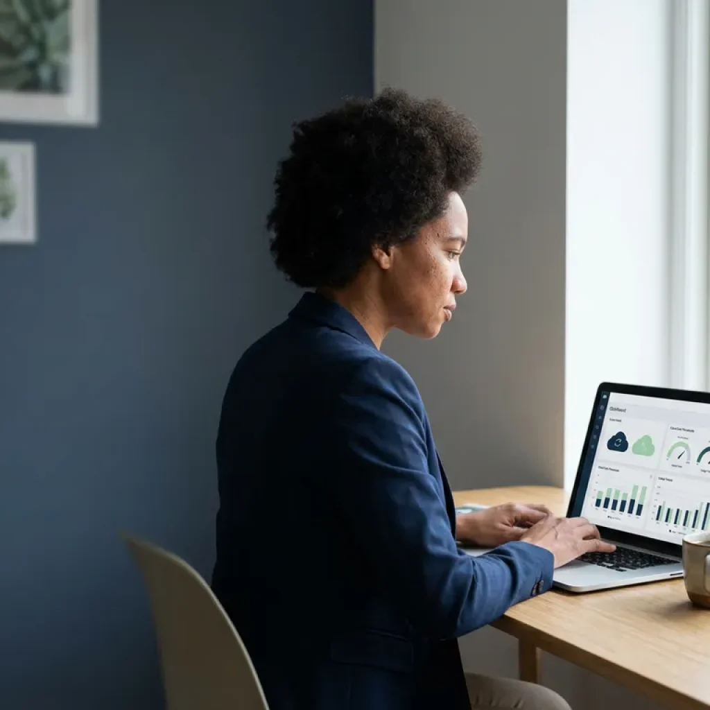 Professional reviewing cloud cost dashboard on laptop at minimal desk with coffee and succulent in natural window light.