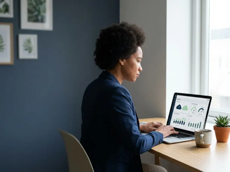Professional reviewing cloud cost dashboard on laptop at minimal desk with coffee and succulent in natural window light.
