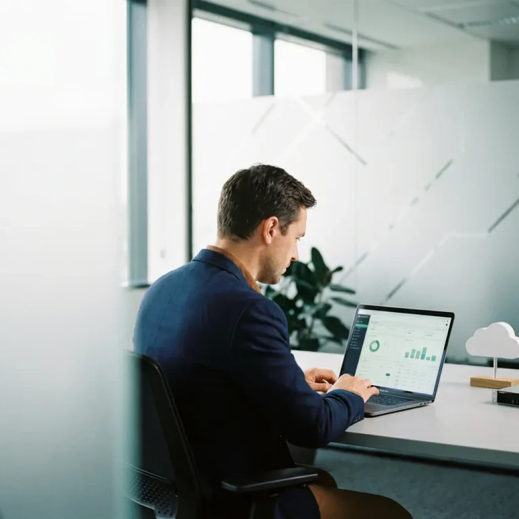 Een zakelijke professional die op zijn laptop een dashboard voor kostenoptimalisatie in de cloud analyseert, zittend aan een modern kantoorbureau met een servermodel ernaast.