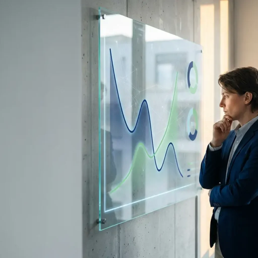Business professional analyzing cloud cost curve graphs on a transparent wall panel in a modern dark blue and green office.