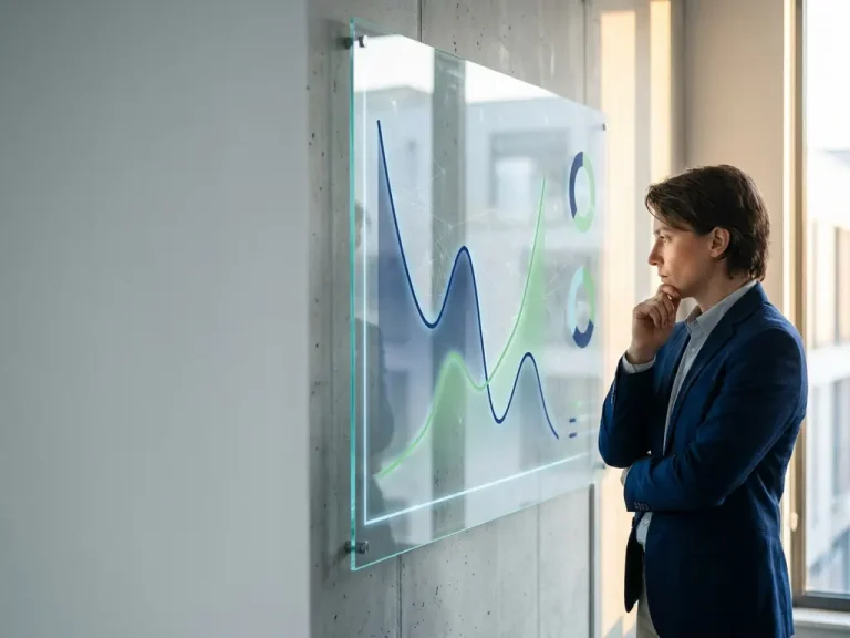 Ein Geschäftsmann, der in einem modernen, dunkelblau-grünen Büro auf einer transparenten Wandtafel Diagramme zur Entwicklung der Cloud-Kosten analysiert.